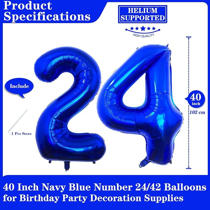 Navy Blue 24 Number Balloons, 40 Inch Giant Number 24 Balloons Foil Mylar - Image 2