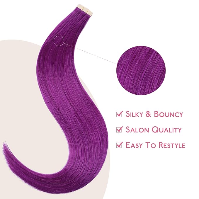 WENNALIFE Tape in Hair Extensions Human Hair Purple Tape in Extensions, 10pcs 20g 12 inch Remy Invisible Tape Ins Straight Colored Soft Real Human Hair Tape in Extensions Refill Set Extensions