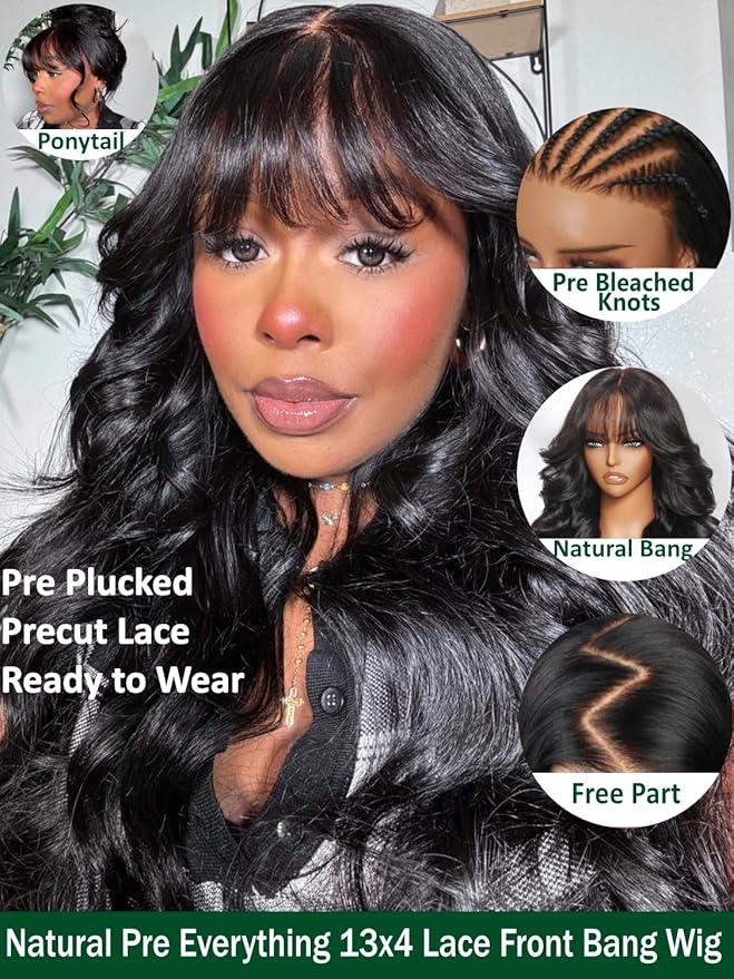 KLAIYI Pre Everything Glueless 13x4 Lace Front Wigs Human Hair Loose Body Wave Bye Bye Knots Pre Cut Lace Pre Bleached Pre Plucked 30S Ready to Wear And Go Frontal Wig with Natural Curtain Bang 16Inch