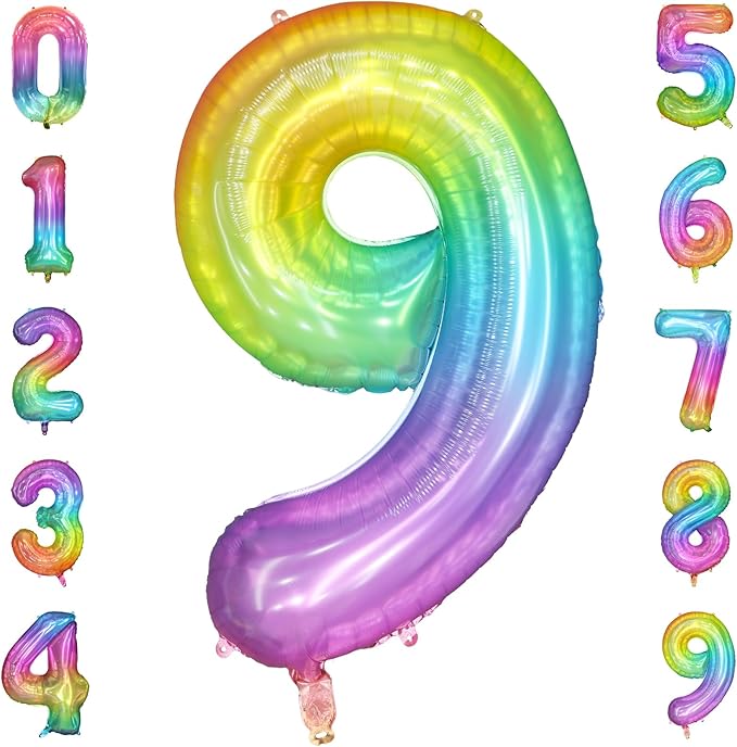 40 Inch Rainbow Number Balloon 9, Large Number Foil Balloons Mylar by PatiCool