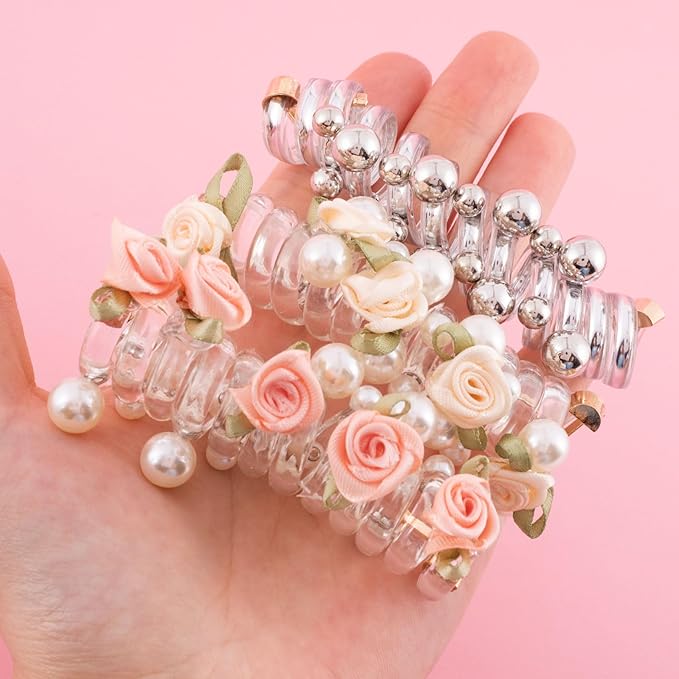 3PCS Rose Bead Spiral Hair Ties, 2 Styles Phone Cord Ponytail Holders for Women, Elegant Rubber Hair Coils, Stylish Hair Accessories for Party, Daily Use