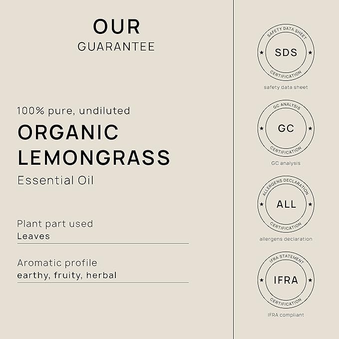 VINEVIDA Organic Lemongrass Essential Oil 10 mL - Undiluted, Pure, Vegan, Reusable Glass Bottle with Dropper