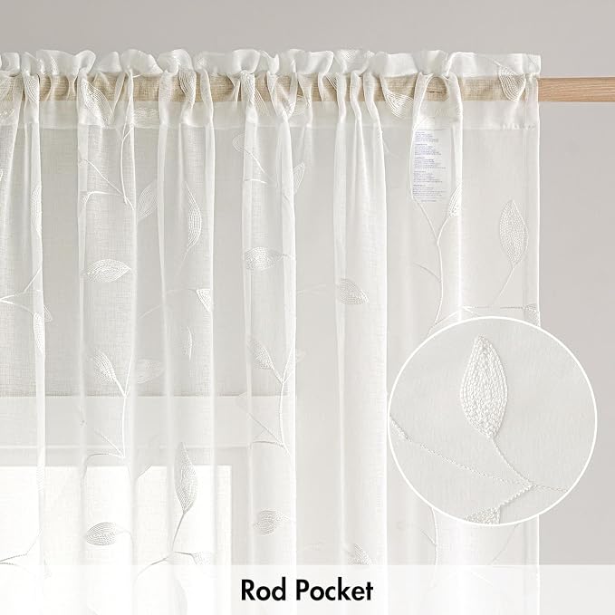 MIULEE Ivory Sheer Curtains 2 Panels Embroidered Leaf Patterned, W52 x L84 | - Image 6