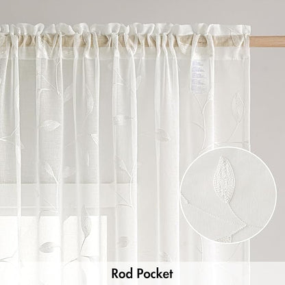 MIULEE Ivory Sheer Curtains 2 Panels Embroidered Leaf Patterned, W52 x L84 | - Image 6