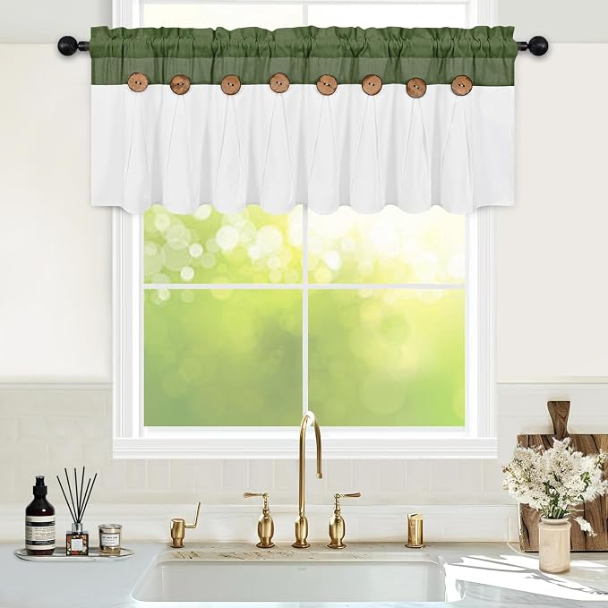 Farmhouse Valance Curtains, Boho Cotton Linen Kitchen Valance, Rustic Button by FRAMICS