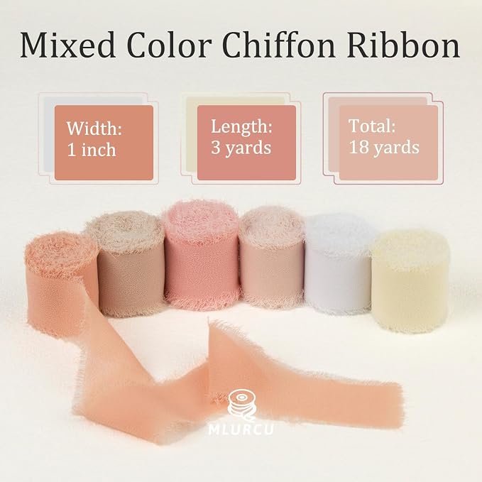 Handmade Fringe Chiffon Silk Ribbon 1 Inch x 3Yd Peach/Blush/Pink Soft Colorful - Image 2