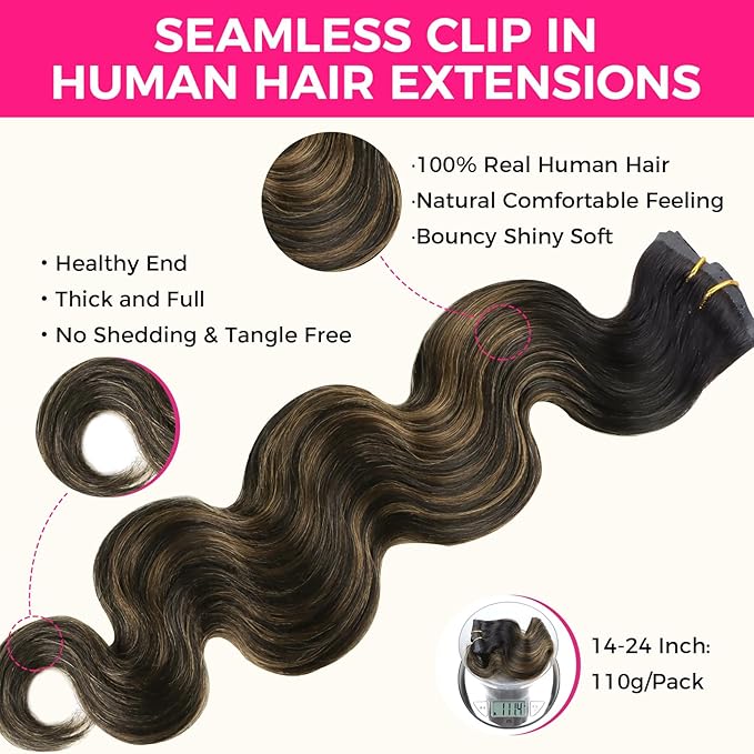 Lashey Clip in Hair Extensions Real Human Hair 110g 7pcs 16 Inch Body Wave Seamless Clip in Hair Extensions Human Hair Natural Black Mixed Chestnut Brown Human Hair Extensions