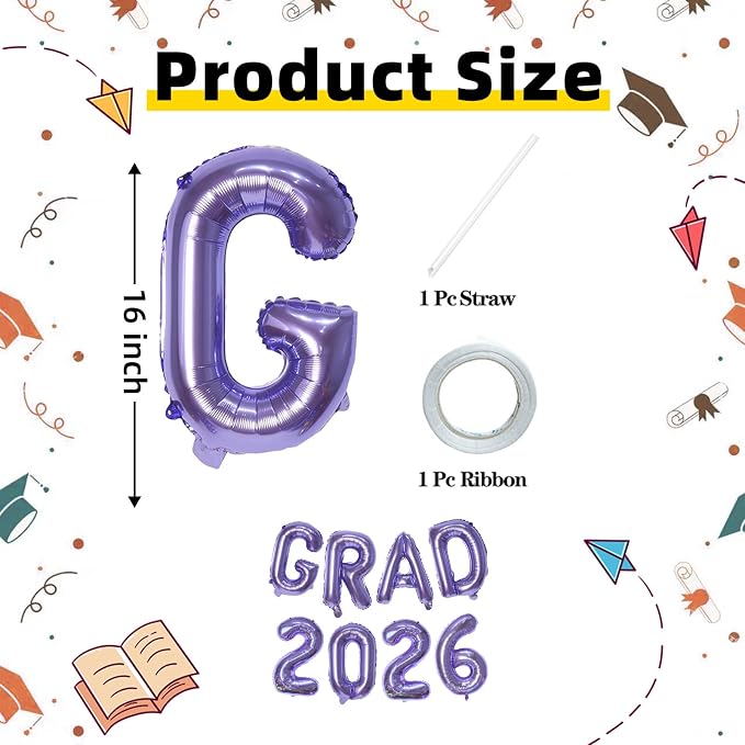 Purple GRAD 2026 Banner Balloons, 16 Inch Mylar Foil letter Graduation Balloons - Image 2