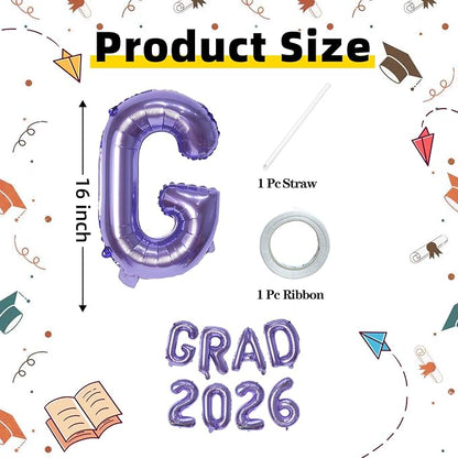 Purple GRAD 2026 Banner Balloons, 16 Inch Mylar Foil letter Graduation Balloons - Image 2
