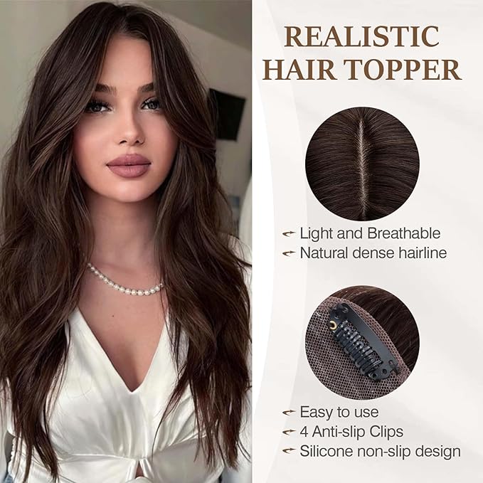 Rich Choices Hair Toppers for Women Real Human Hair 100% Human Remy Toppers NO Bangs for Women with Thinning on Top Clip in Hairpiece 4"x4.7"Lace Base 8 Inch #2 Dark Brown