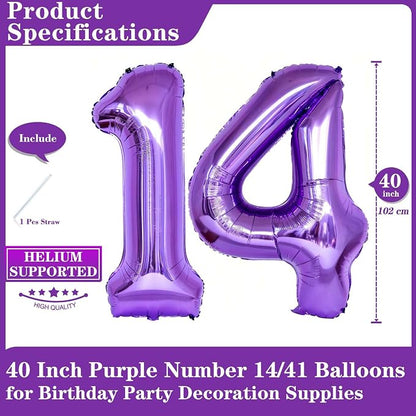 Purple 14 Number Balloons, 40 Inch Giant Number 14 Balloons Foil Mylar Helium - Image 2