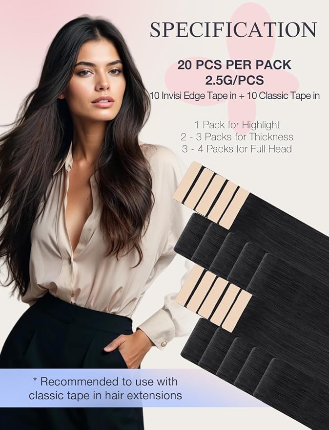 DOORES Seamless Human Hair Extensions Tape in Invisi Edge, Jet Black 10 Injection Tape-ins with 10 Classic Tape-ins 50g 20 Inch, Injection Tape in Extensions Virgin Human Hair