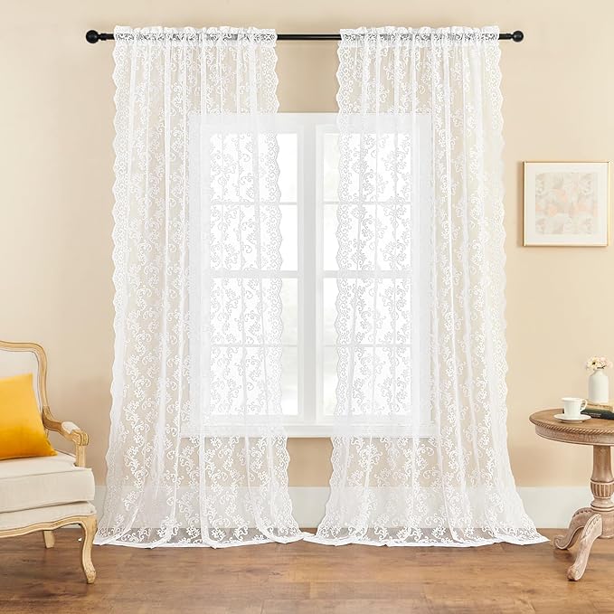 FOLKSIDE White Lace Curtains 84 Inches Long 2 Panels Western Paisley Floral - Image 2