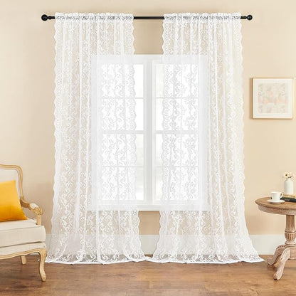FOLKSIDE White Lace Curtains 54 Inch Length 2 Panels Set Paisley Floral Curtains - Image 2