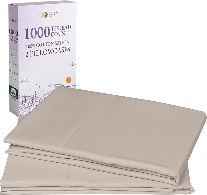 California Design Den Pillow Cases Queen Size Set of 2-1000 Thread Count Sateen, Soft & Thick 100% Cotton Pillowcases Standard/Queen, Durable - Beige (Sand Tone)