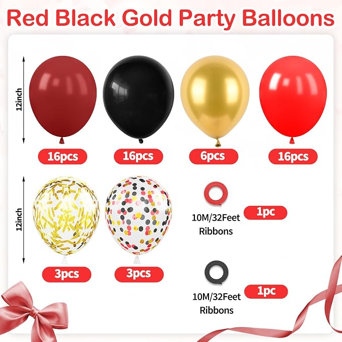 Red Black Gold Balloons, 12 Inch Metallic Gold Confetti Latex Balloon Helium - Image 2