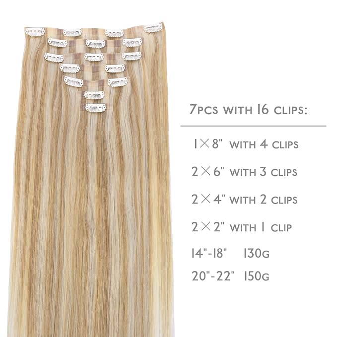 WENNALIFE Seamless Clip In Hair Extensions, 16 Inch 130g 7pcs Dirty Blonde Highlighted Bleach Blonde Hair Extensions Clip in Human Hair Invisible PU Skin Weft Natural Remy Human Hair Extensions
