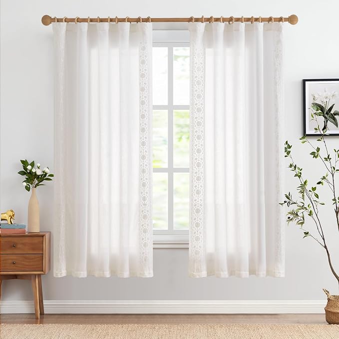 jinchan Floral Linen Curtains Embroidered Back Tab 50x72in 2 Panels White | - Image 3