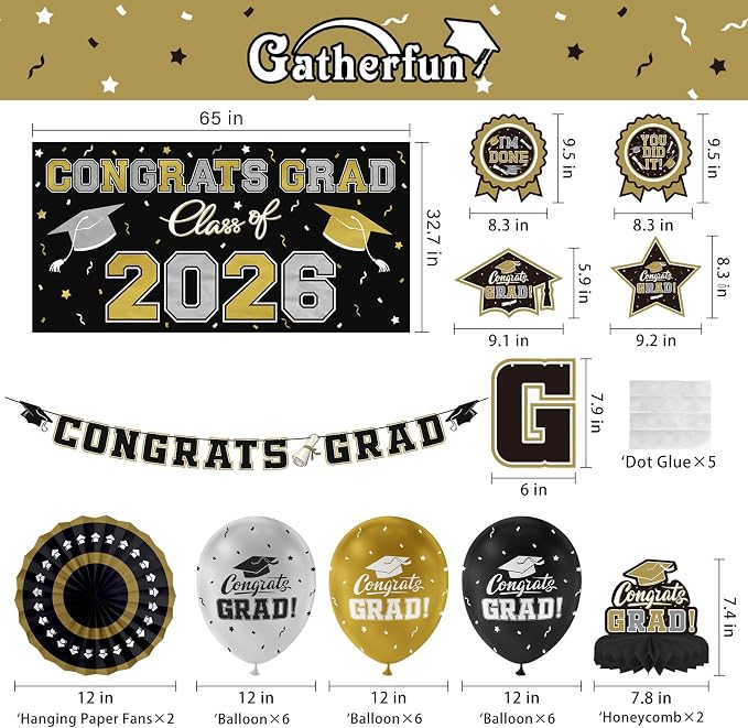 Black and Gold Themed 2026 Graduation Decorations Set - Image 2