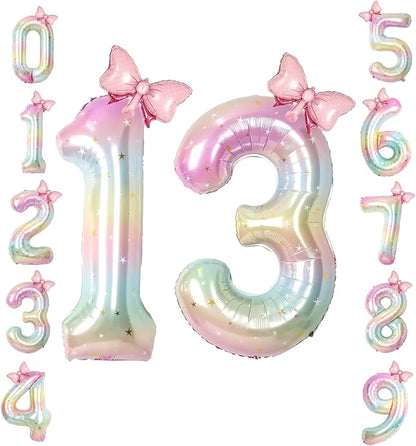 40" Giant Pastel Rainbow Number 13 Balloon Foil Pink Bow Decor Kit | by TNCDJKPA