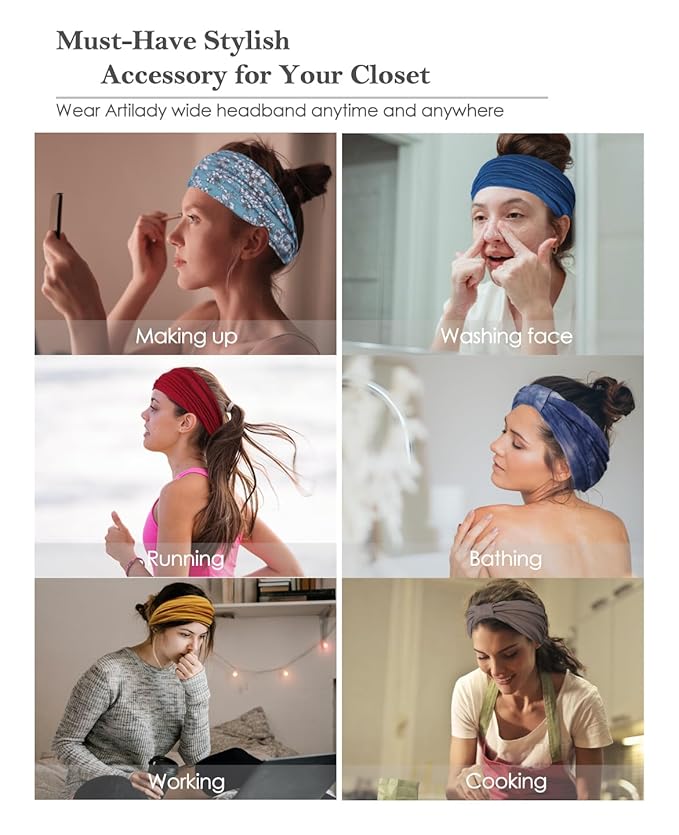 Artilady 7'' Wide Headbands for Women Elastic Head bands Non Slip Soft Stretchy Extra Large Boho Turban Headwraps Sport Workout Running Hair Accessories for Girls