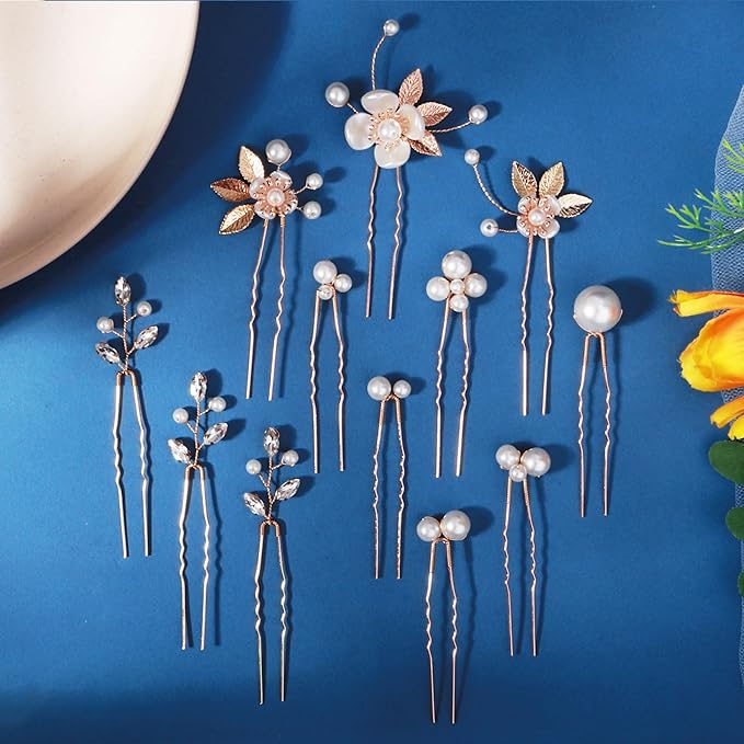 12 Pieces Bride Hair Pins Rhinestones Gold Hair Accessories for Women Crystal Wedding Hairpiece for Bridesmaids