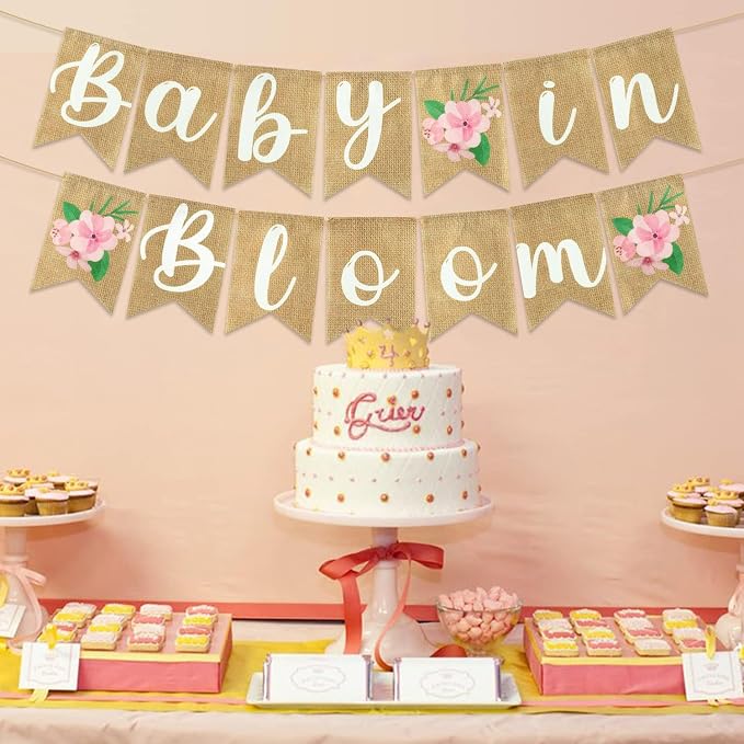 ANGOLIO 2Pcs Floral Baby in Bloom Baby Shower Burlap Banner Decoration Wall - Image 4