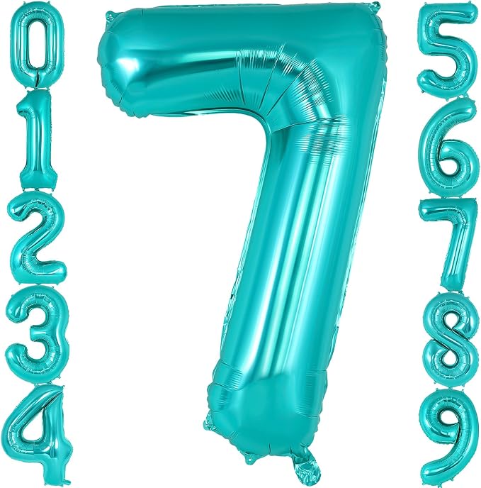 Teal Blue Number 7 Balloon, 40 Inch Big Large Foil Helium Number Balloons by AIQINHU