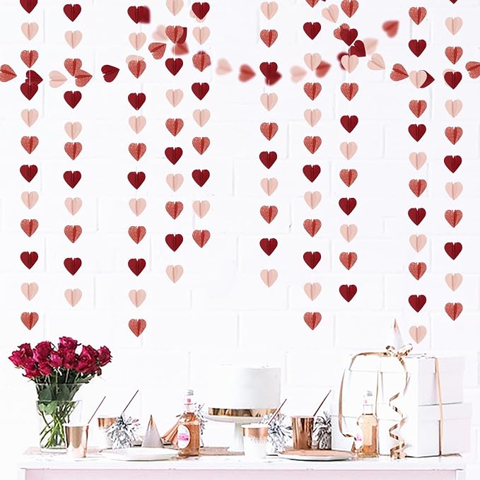 Rose-Gold Pink Burgundy-Red 3D-Heart Garland - 39Ft Galentines Valentines Day - Image 4