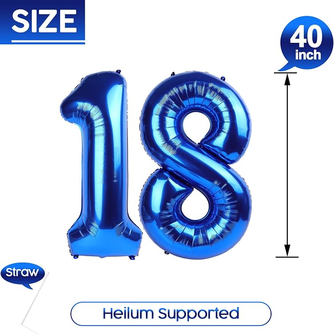 18 Balloon - Metallic Blue Birthday Number Balloons, 40 Inch Decorations | - Image 5