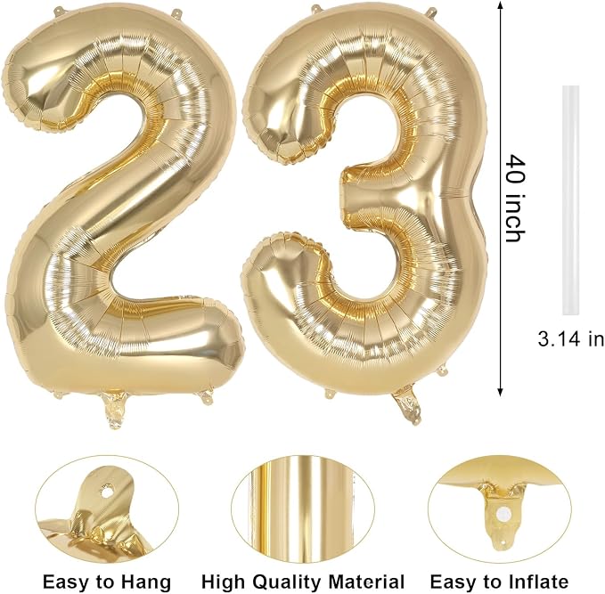 Champagne Gold Large Number 23 Balloon, 40 Inch Light Gold Foil Helium Number - Image 2