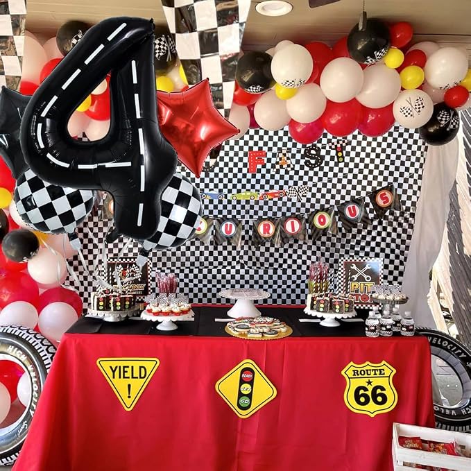 TONIFUL 40 Inch Race Car 4th Birthday Balloons Racetrack Number 4 Black & White - Image 6