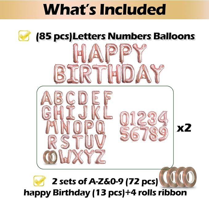 16" Rose Gold Letter Number Balloons, Happy Birthday & 2 Sets of A-Z 0-9 - Image 3