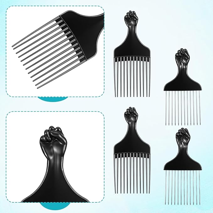 4 Pcs Hair Picks for Curly Hair, Plastic and Metal Hairs Pick for Black Men Wide Tooth Afro Pick Comb Detangling Wig Braid Hairs Styling Tool Hairdressing Styling Tool (Black)