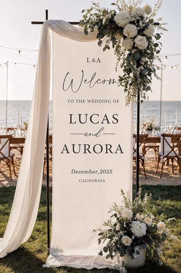 Wedding Welcome Sign Banner Personalized Custom Name Linen Fabric Wedding by Custom