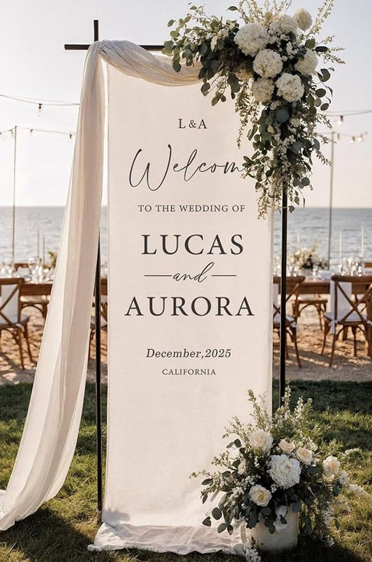 Wedding Welcome Sign Banner Personalized Custom Name Linen Fabric Wedding by Custom