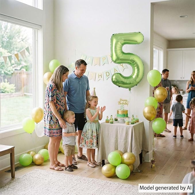 Light Green Number 5 Balloon 40 Inch, Glossy Metallic Digit Party Supplies | - Image 3