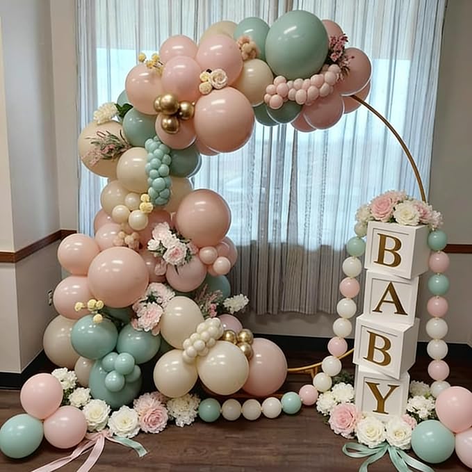 Pink and Green Balloons, 12 Inch Sage Green Pearl Pink and White Gold Confetti - Image 6