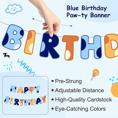 Pre-Strung Happy Birthday Banner, NO DIY Party Decor | Blue Dog Themed Birthday - Image 3