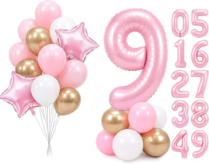 PartyWoo Number Balloons 40 Inch Pink Number 9 Kit 25pcs by PartyWoo