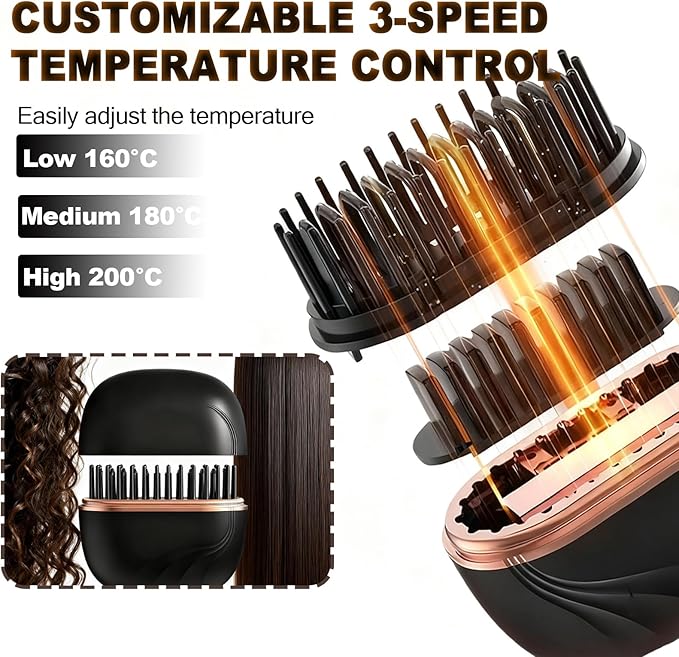 Mini Straightener Brush, Rechargeable Portable Hair Straightener Brush, 3-Speed Temperature Control, Anti-Scald Shell, Lightweight and Portable for Home Travel Gift (Black)