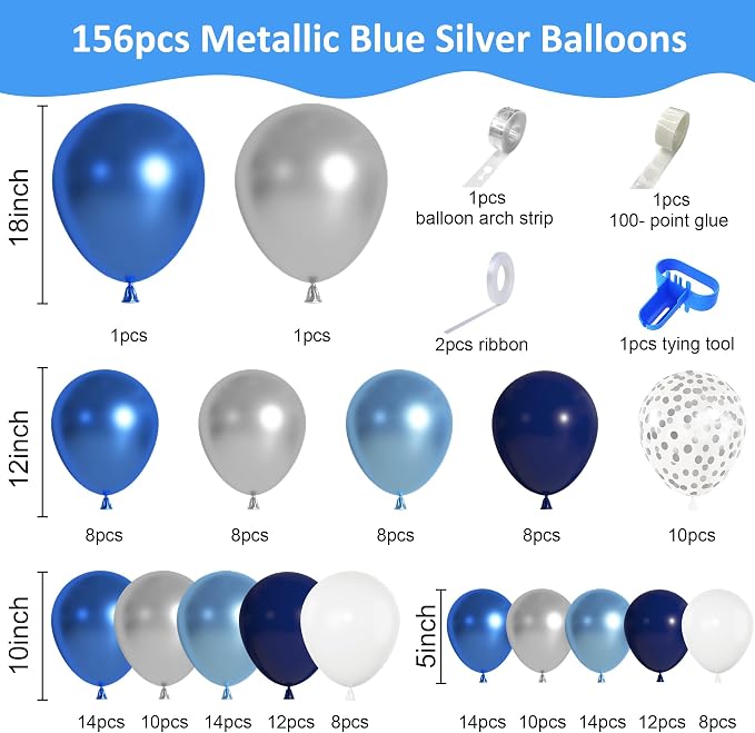 156Pcs Blue Silver Balloons Garland Arch Kit Different Size | Navy Royal - Image 2