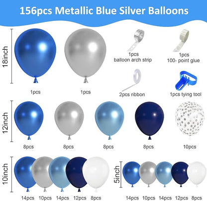 156Pcs Blue Silver Balloons Garland Arch Kit Different Size | Navy Royal - Image 2