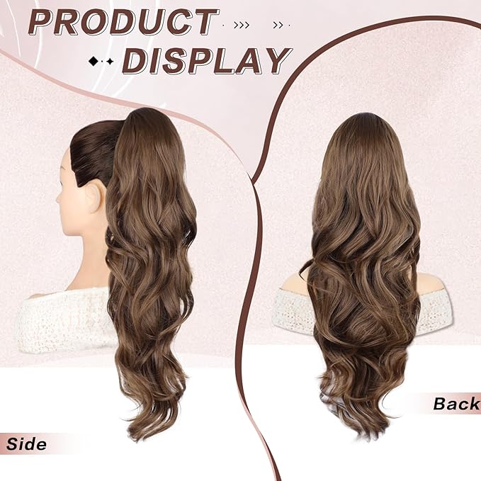Ponytail Extension, Drawstring Ponytail Extension for Women 26 Inch Long Wavy Light Brown Pony Tails Hair Extensions Synthetic Clip in Ponytail Hairpiece for Women