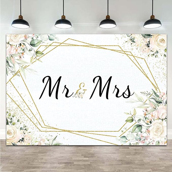 Mr & Mrs White Floral Bridal Shower Backdrop Mr Mrs Wedding Theme Photo - Image 3