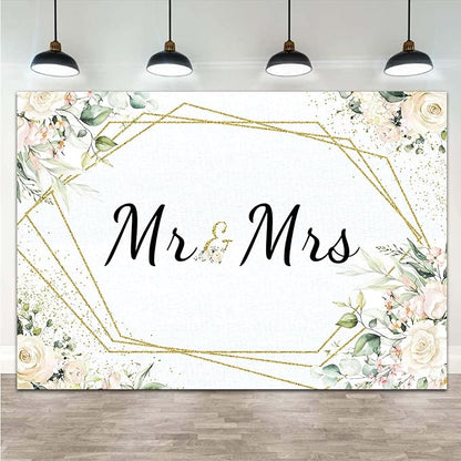 Mr & Mrs White Floral Bridal Shower Backdrop Mr Mrs Wedding Theme Photo - Image 3