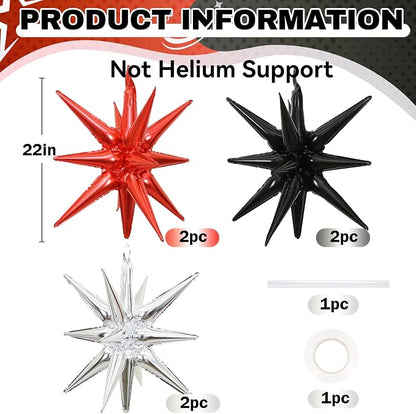 HILAVO 6PCS Star Balloons, 22Inch Black Red and Silver Star Balloon Foil - Image 2