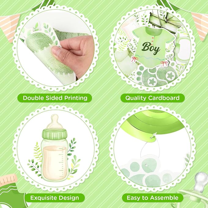 Green Baby Shower Decorations for Boys Glitter Greenery Welcome Baby Boy Banner - Image 3