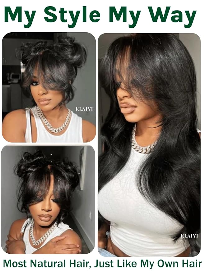 KLAIYI Fluffy Body Wave Curtain Bang Wig Bye Bye Knots Glueless Pre Cut 7x5 Lace Front Wigs Human Hair Loose Wave Pre Bleached Pre Plucked Pre Everything 3S Easy to Wear and Go Wig 180% Density 26Inch