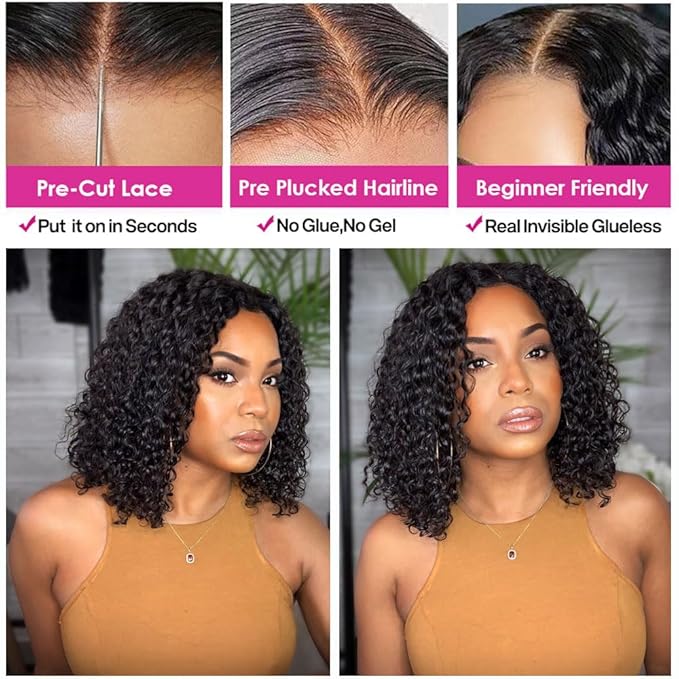 GOLFMAX Glueless Wigs Human Hair Pre Plucked Pre Cut 4X4 Lace Closure Bob Wig Human Hair Deep Wave Curly Short Bob Wig 14 Inch Wet and Wavy Lace Front Wigs With Elastic Band